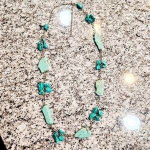 Large Slab Turquoise Necklace Silver Tone Chain w Extender Natural Stone EUC